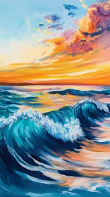 Vivid Ocean Scene with Waves and Sunset