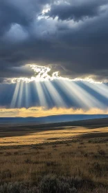 Sunlight Breaking Through Clouds Over a Field