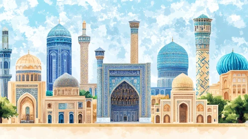 Uzbekistan Mosques and Minarets Watercolor