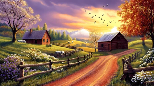 Rural Barns and Animals Sunset