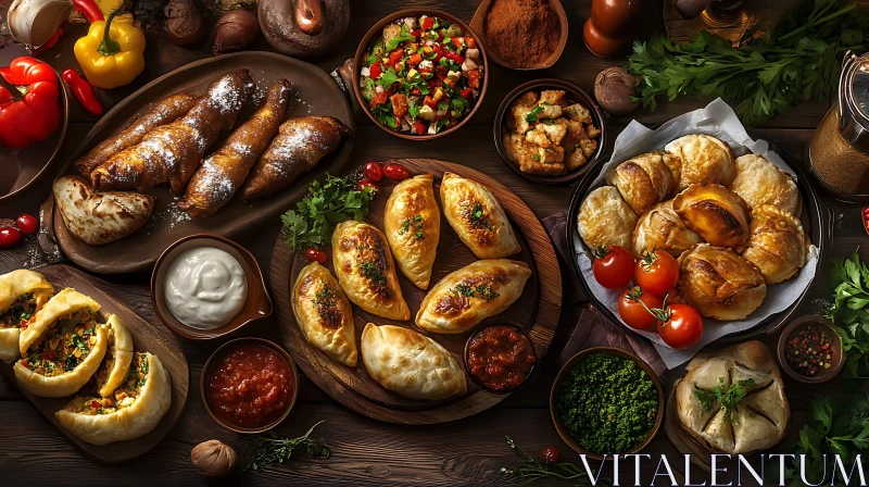 Assorted Pastries and Savory Foods on Rustic Table AI Image