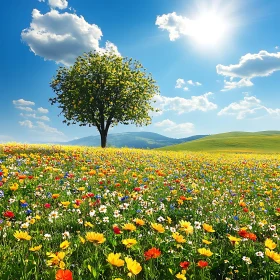 Scenic Meadow with Tree and Flowers