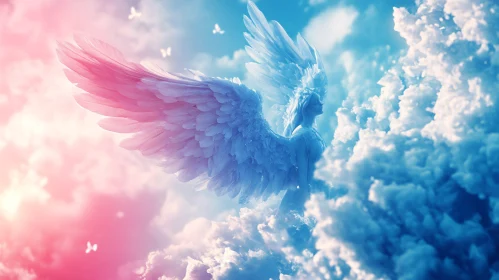 Ethereal Angel with Wings in Cloudy Sky