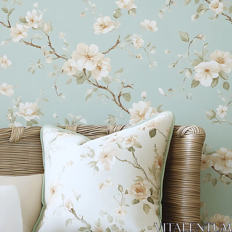 Vintage Floral Pillow on Wicker Headboard AI Image