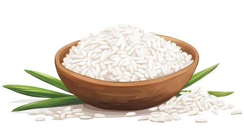 Wooden Bowl of White Rice with Greenery