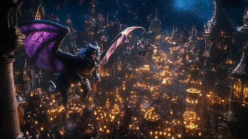 Fantasy Dragon Flight Above City Lights