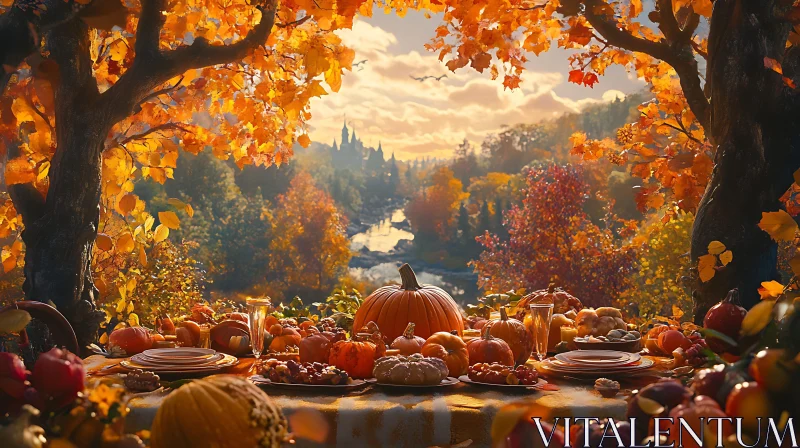 Thanksgiving Table with Pumpkins and Autumn Leaves AI Image