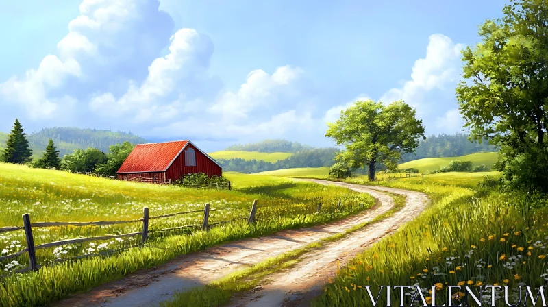 Rural Landscape with Barn and Field AI Image