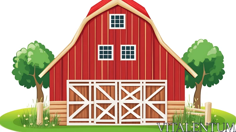 Cartoon Barn Amidst Greenery AI Image