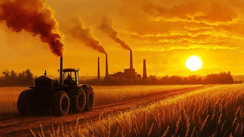 Tractor in Field at Sunset