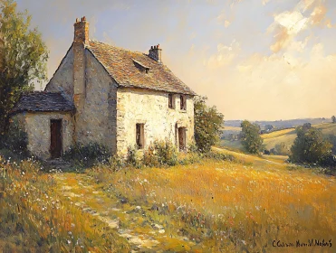 Rustic Stone House Landscape Painting