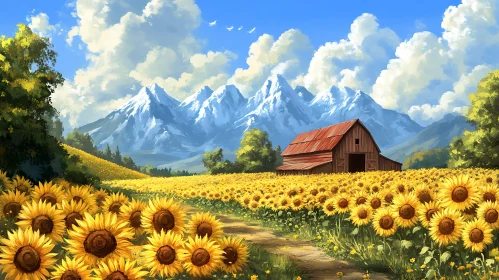 Scenic Landscape of Sunflowers and Mountains