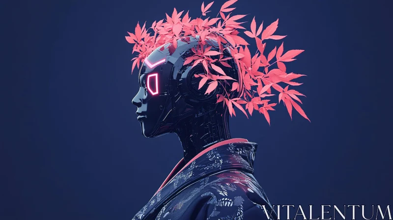 Cyborg Adorned with Neon Leaves AI Image