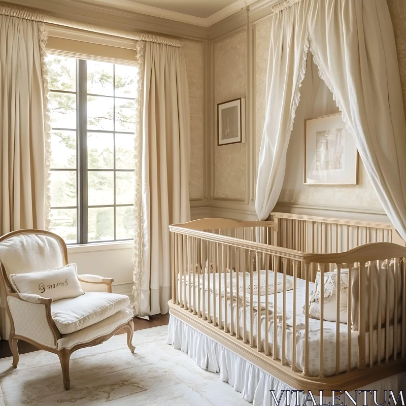 Classic Baby Room with Wooden Crib and Armchair AI Image