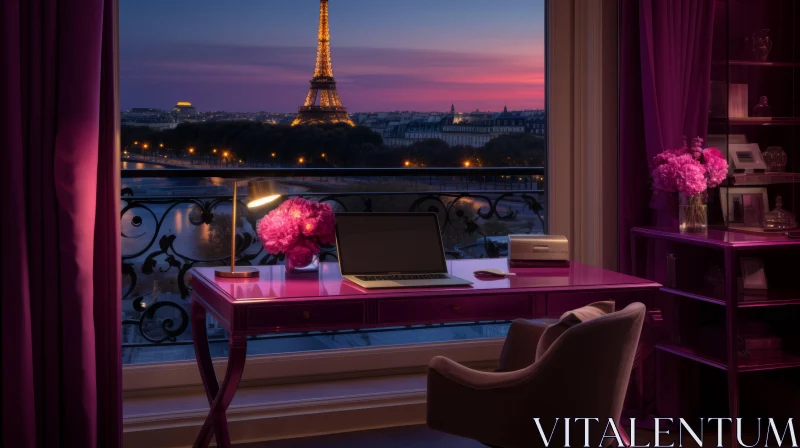 Captivating Desk with Eiffel Tower View | Romanticized Skies AI Image