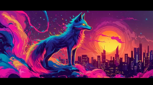 Fox watching the sunset in the city