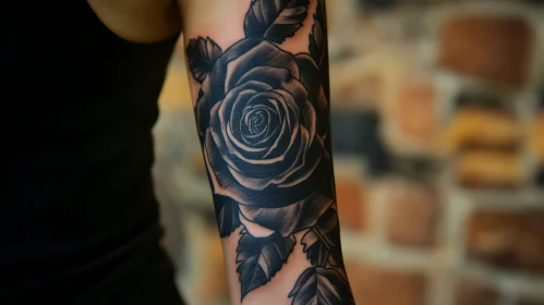 Intricate Rose Tattoo with Shaded Petals and Leaves