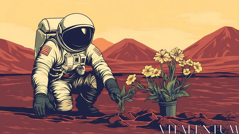 Flowers on Mars with Astronaut AI Image