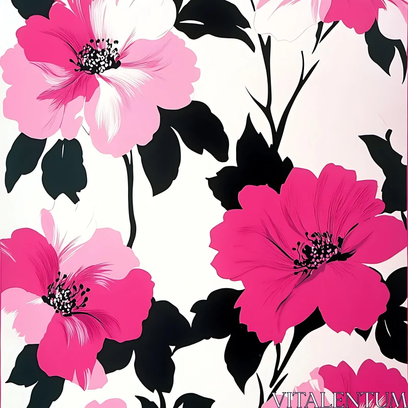 Pink Flower and Black Leaf Design AI Image