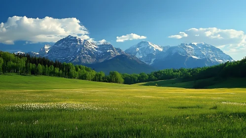 Snowy Peaks Above Green Meadow