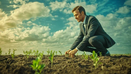 Man in Suit Planting Seedlings