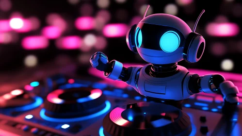 Neon Robot DJ Mixing Music