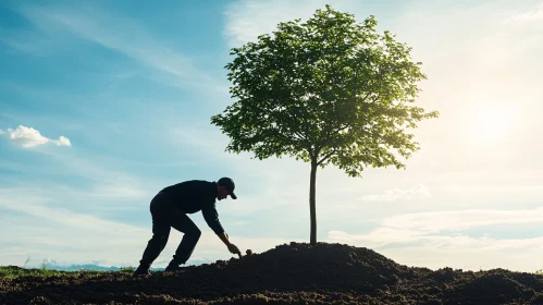 Silhouette of a Person Planting a Tree