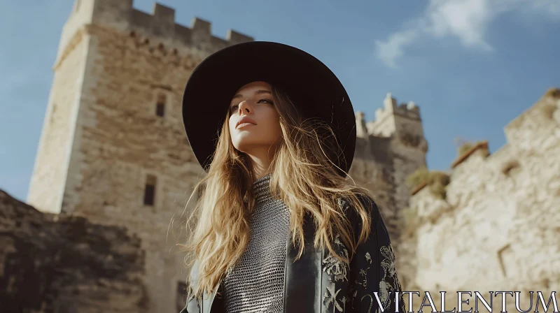 Fashionable Woman at Ancient Castle AI Image