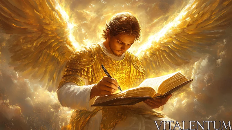 Winged Angel Scribing in Golden Light AI Image