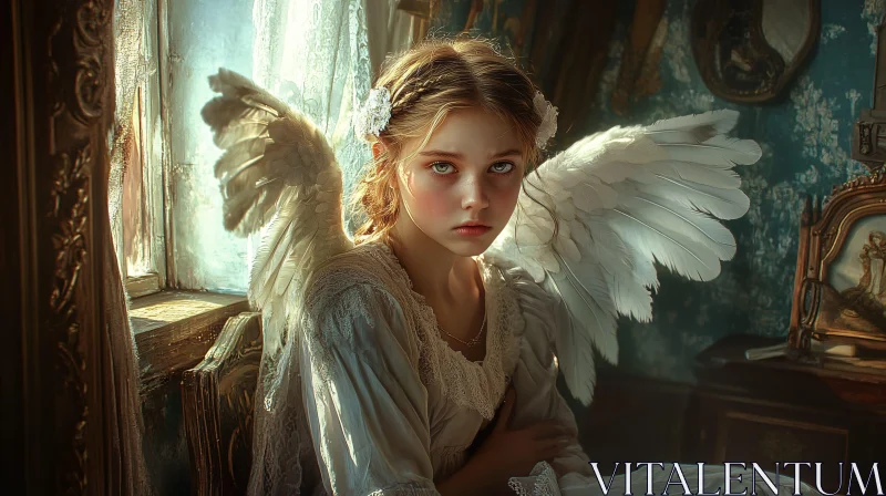 AI ART Young Angel with Feathered Wings