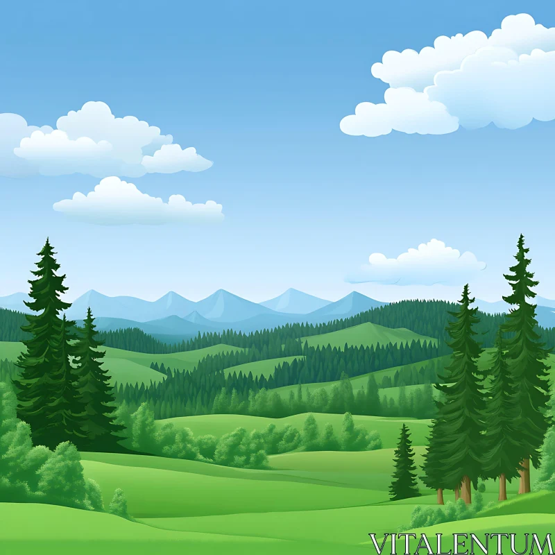 AI ART Peaceful Green Hills and Mountain View