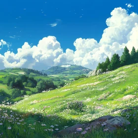 Picturesque Meadow Landscape with White Clouds