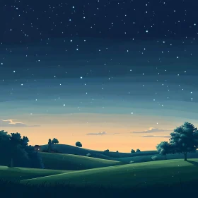 Night Sky Landscape with Green Hills