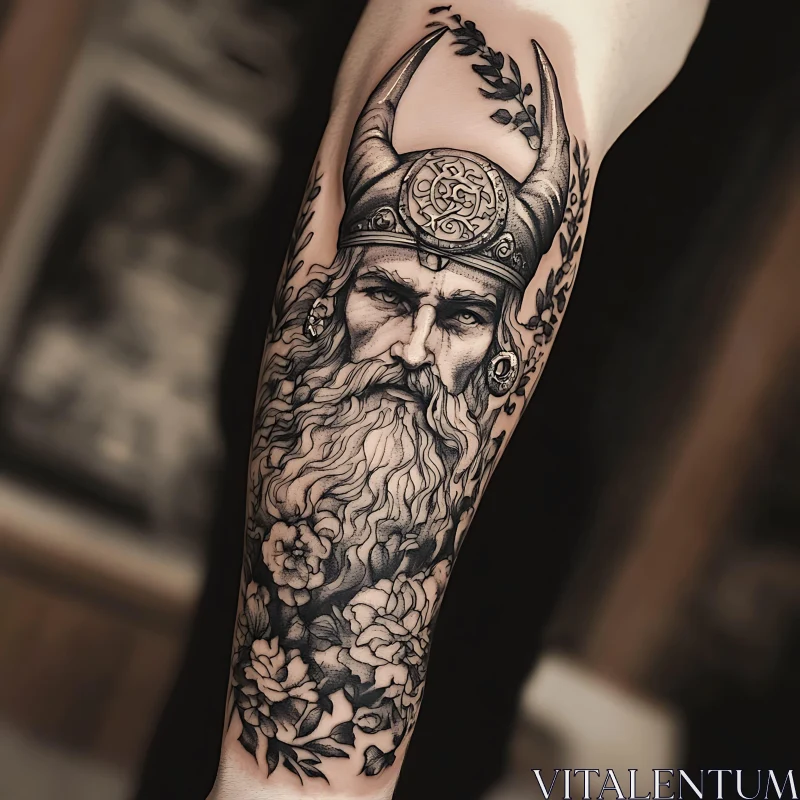 Realistic Viking Tattoo with Flowers AI Image