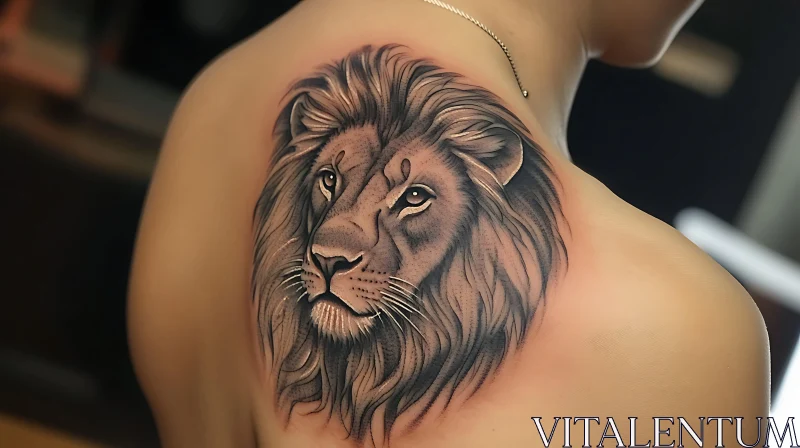 Majestic Lion Shoulder Tattoo in Black and Grey Ink AI Image