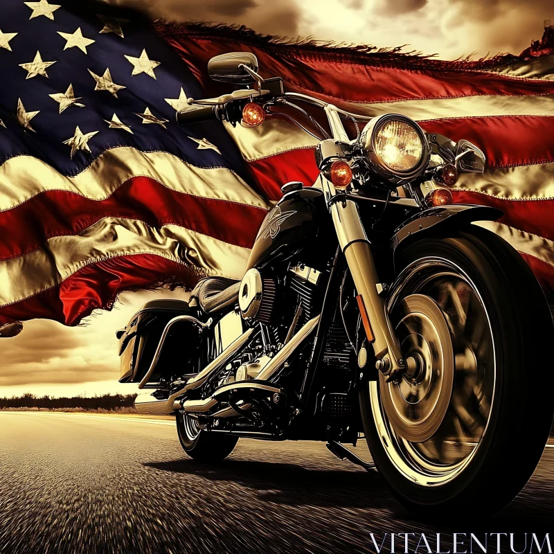 Motorcycle with American Flag Backdrop AI Image