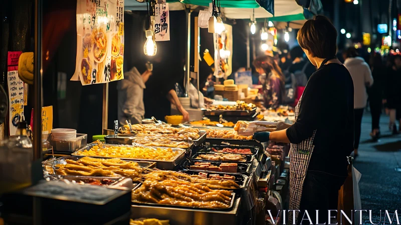 Evening Culinary Delights at a Busy Street Market AI Image