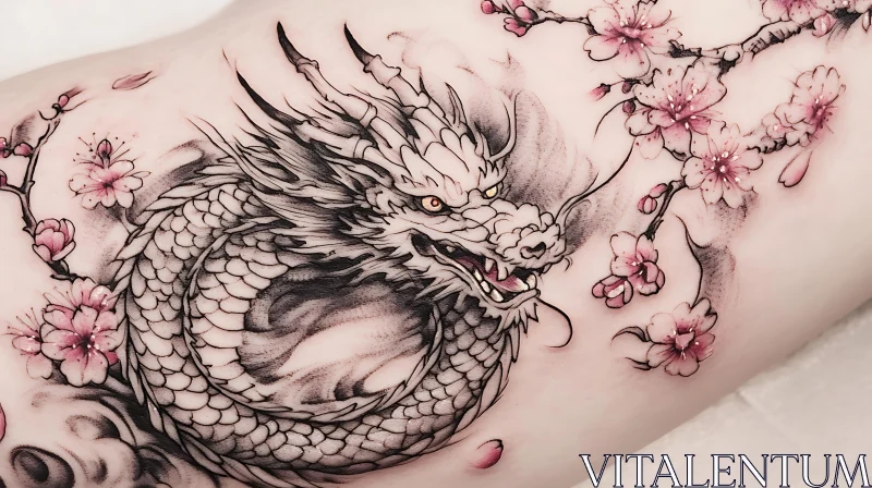 AI ART Oriental Dragon and Cherry Blossom Tattoo Art