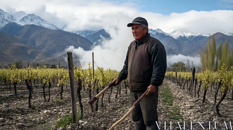 Vineyard Worker with Mountain Backdrop AI Image