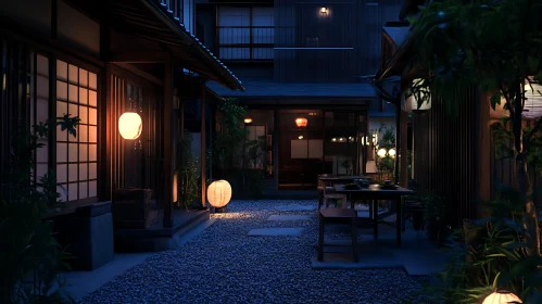 Nighttime Japanese Architecture with Lanterns