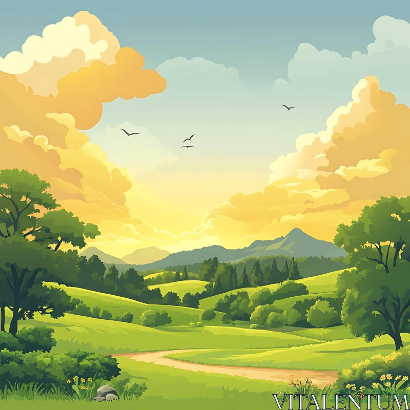 AI ART Peaceful Green Landscape With Golden Sky