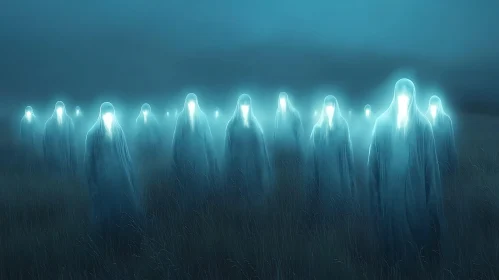 Glowing Figures in Misty Field