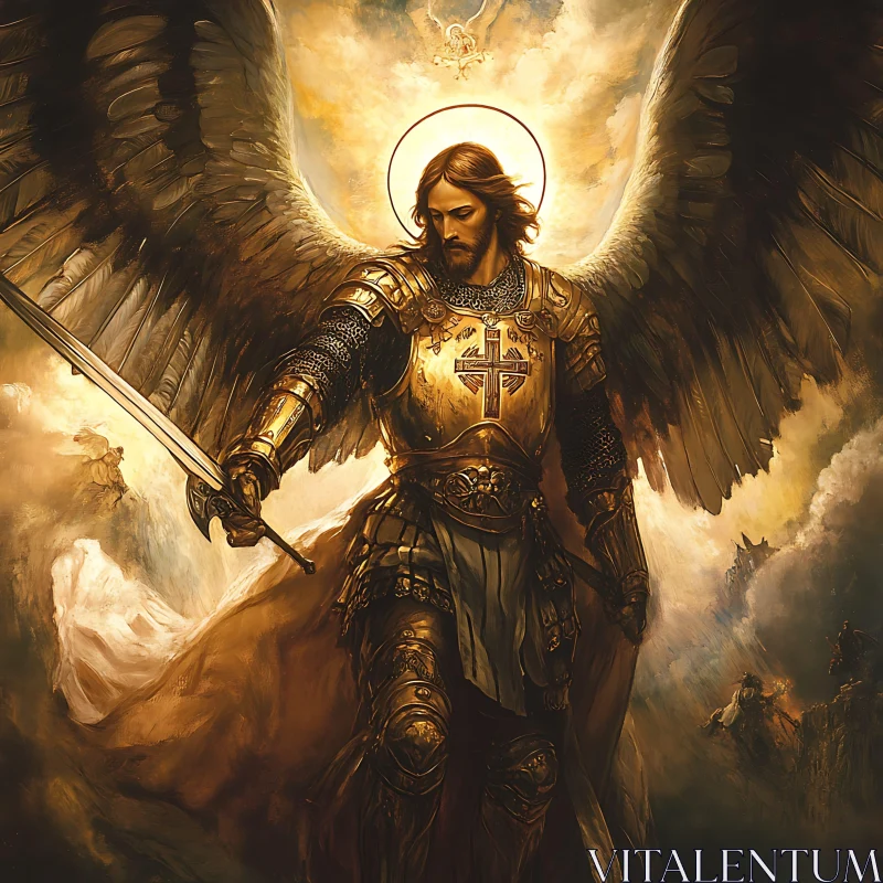 AI ART Winged Guardian Angel in Golden Armor