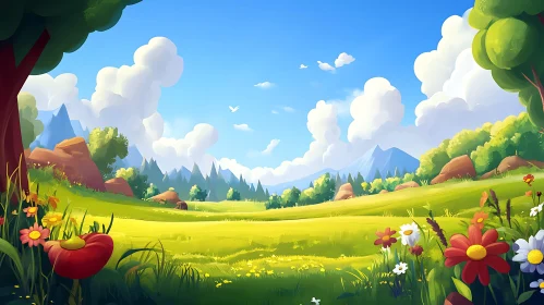 Scenic Cartoon Landscape of Green Meadow