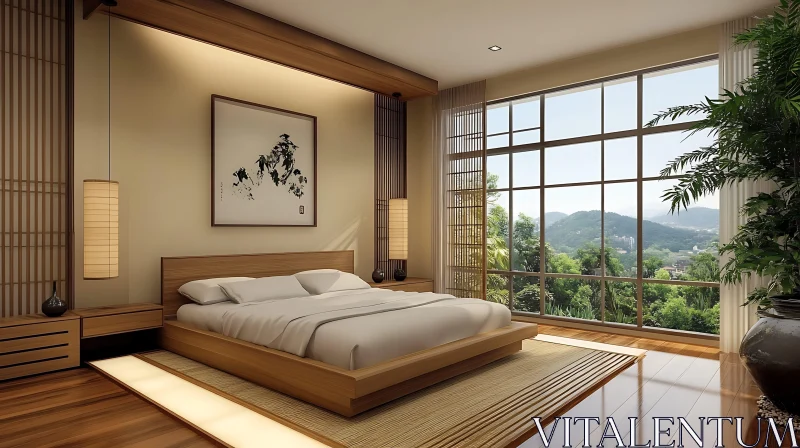 Minimalist Bedroom with Greenery View AI Image