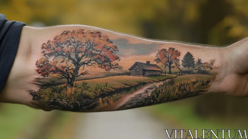 Rustic Cabin in Autumn Tattoo AI Image