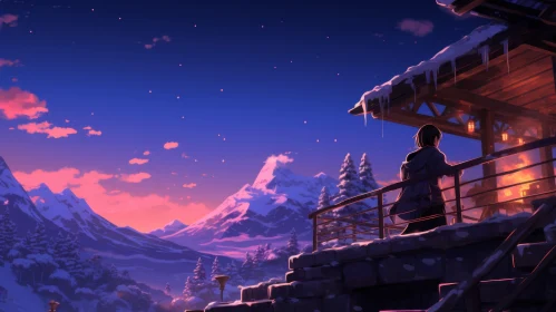 Pensive Moment - Anime Art of Man Amidst Snowy Mountains