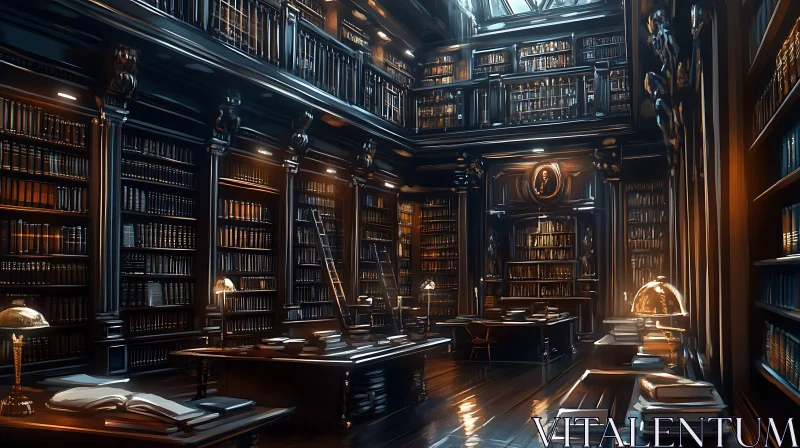 Classic Interior Library with Warm Light AI Image