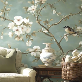 Floral Wallpaper and Bird in Interior