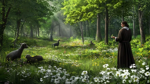 Peaceful Forest Glade with Grazing Sheep